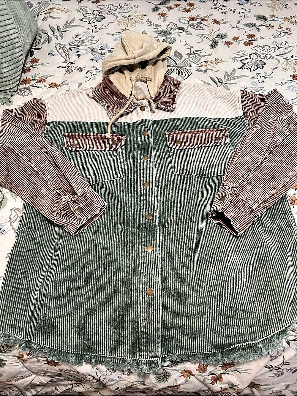 SHEIN Striped Hooded Shirt in Green & Brown Like New